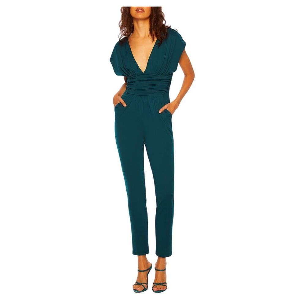 Susana Monaco Dark Teal Peacock Plunge V Neck Pantsuit Jumpsuit XL